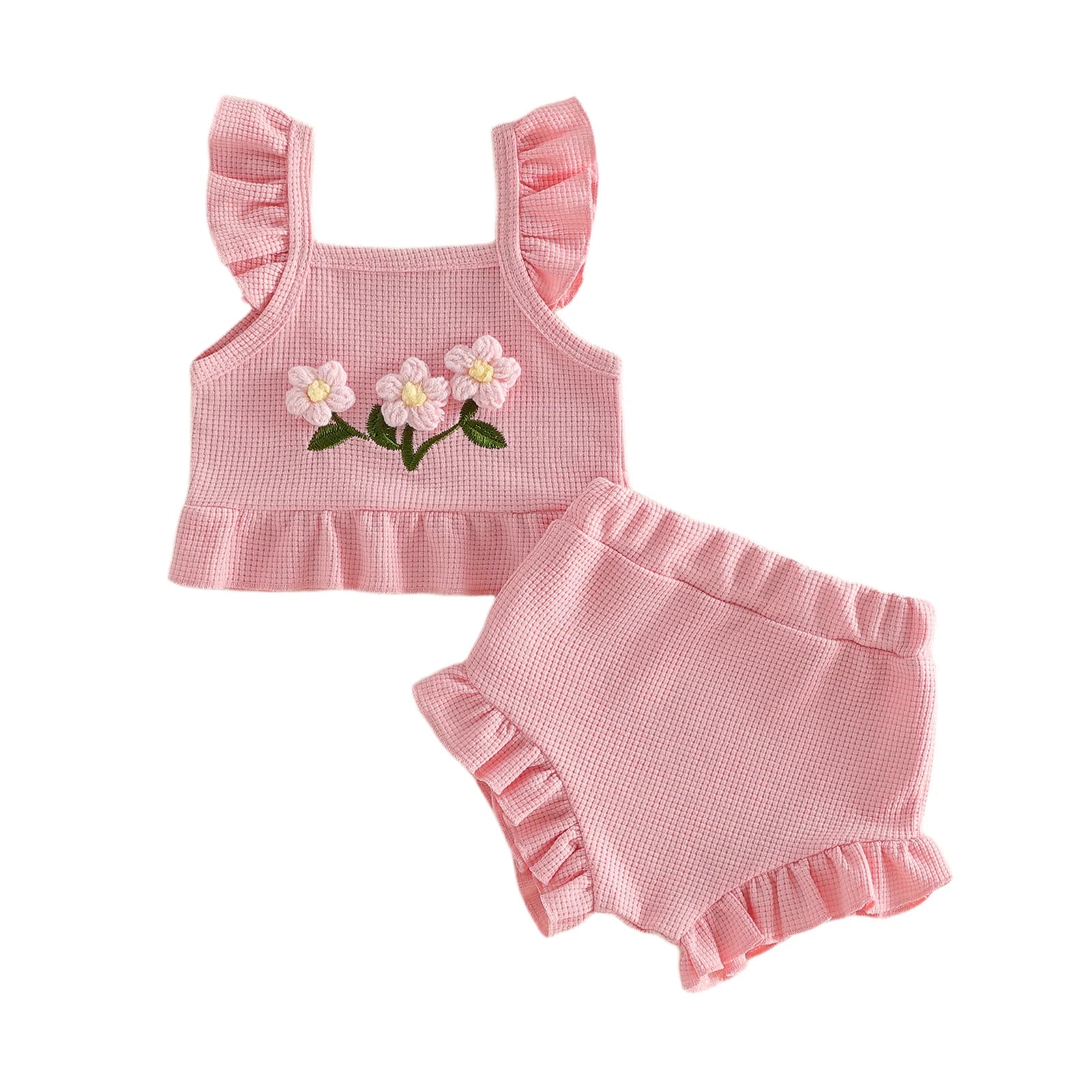 Toddler Kids Baby Girls Summer Clothing Outfits 3D Flower Ruffles Hem Fly Sleeve Tanks Tops Elastic Waist Shorts Holiday Clothes