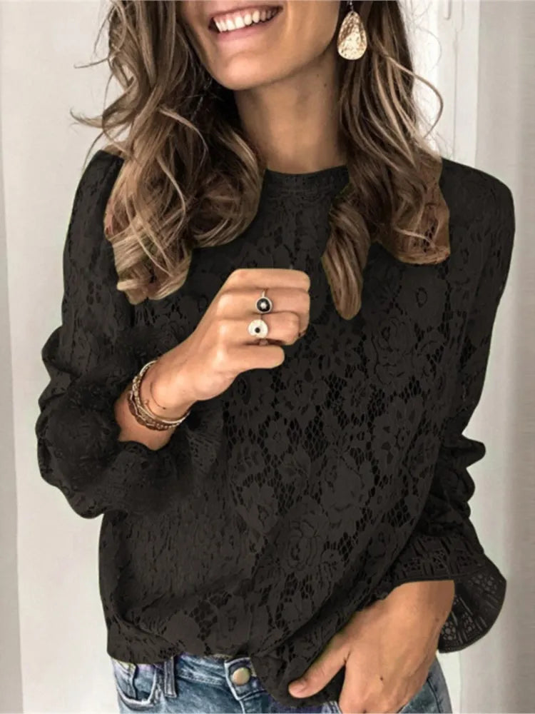 Elegant Blouses Women Fall Solid Color Flared Sleeve O-Neck Hollow Out Lace Shirt Sweater Long Sleeve   Top Blouse Women Clothes