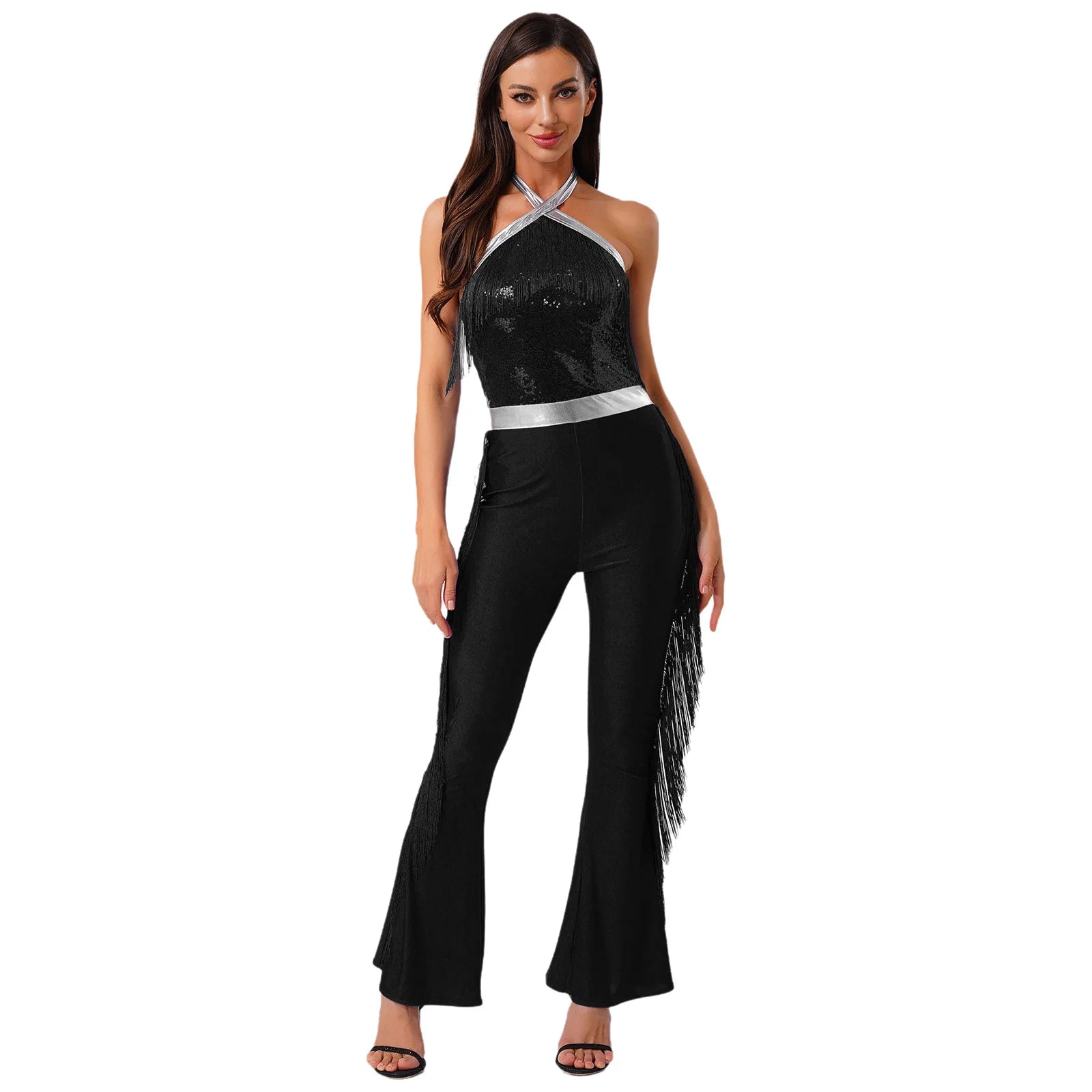 Womens 70s Disco Party Jumpsuit Halter Shiny Sequins Tassel Flared Pants Latin Jazz Dance Rompers Rave Festival Prom Clubwear