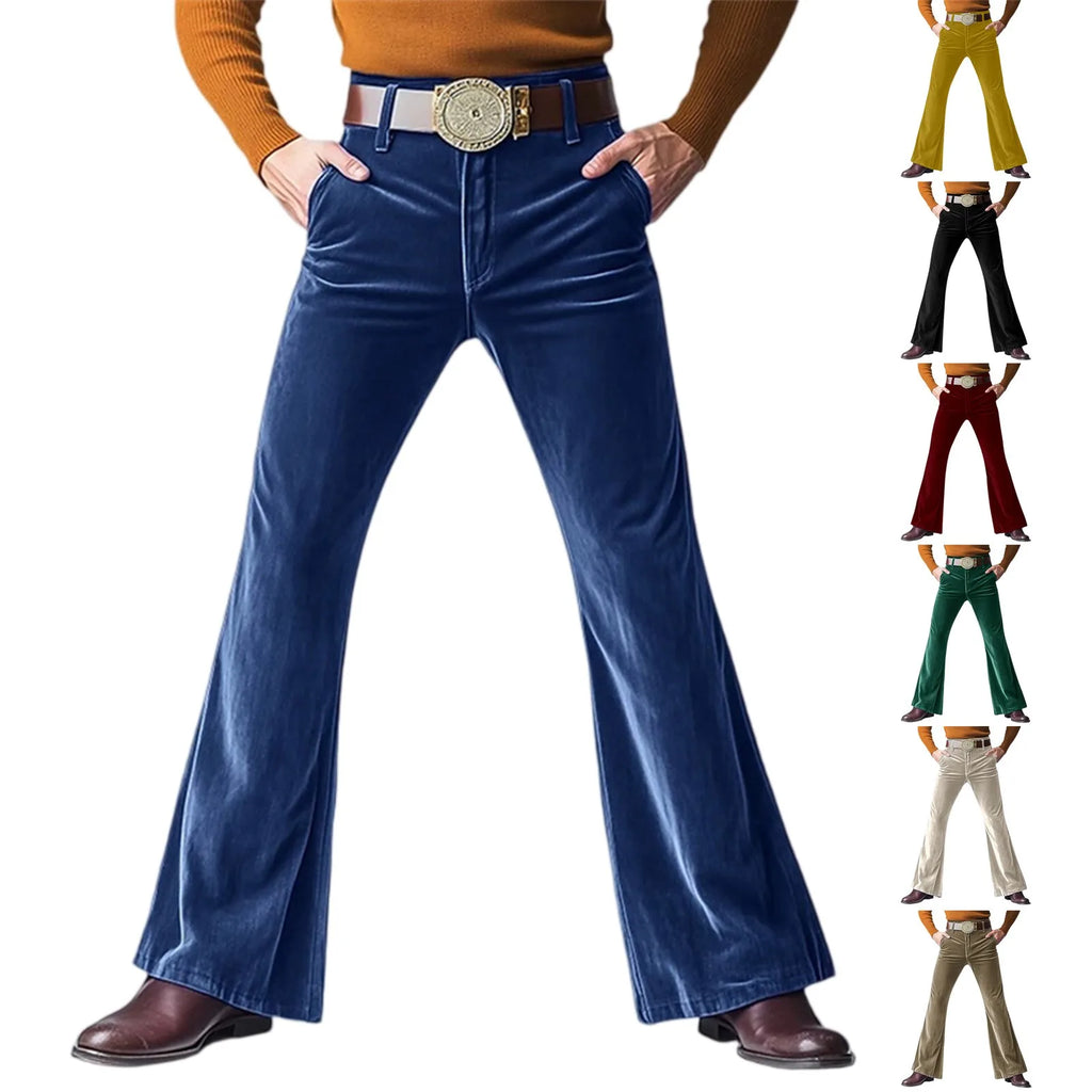 Men Retro Disco Flared Pants Classic Vintage Style Comfy Flare Trousers Fitted Velvet Fabric Dancing Stylish Pants Without Belt