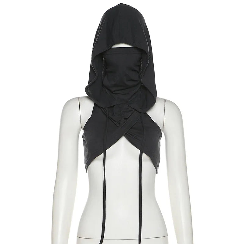 Summer Fashion Trend Solid Colour Y2k Tops New Casual Hooded Lace-Up Crop Top Sexy Slim High Neck Sleeveless Women Clothing
