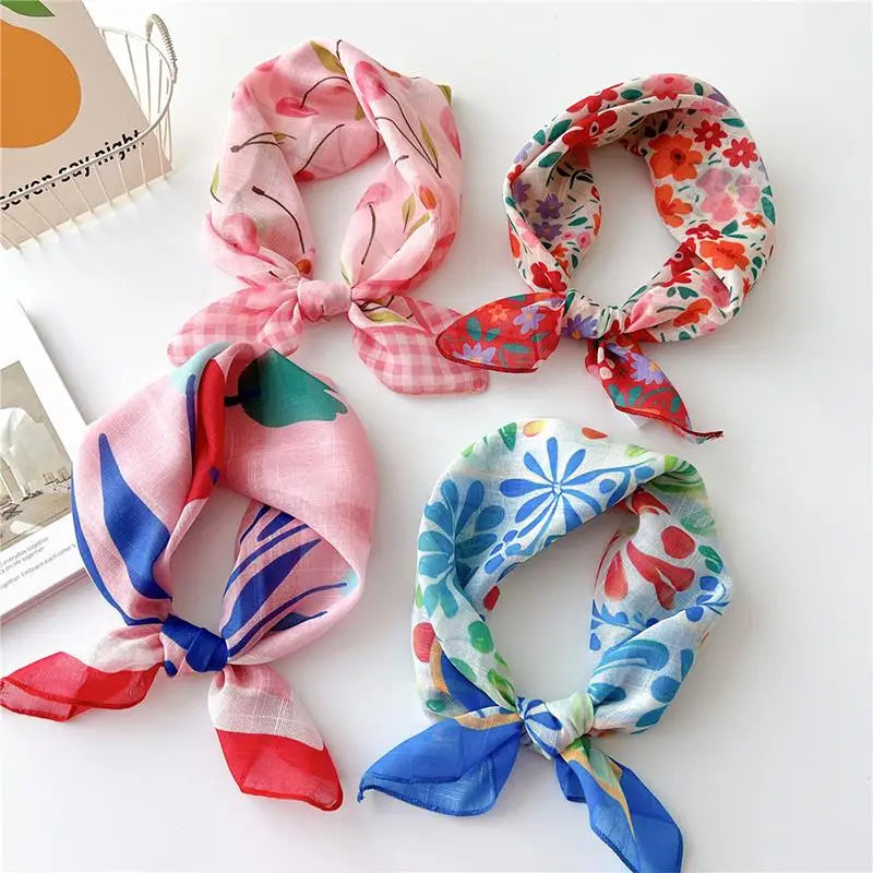 Sunscreen Head Scarf Cotton Linen Square Scarf Women Floral Peach Neck Scarf Fashion Decorative Neckerchief Hairband 58*58cm