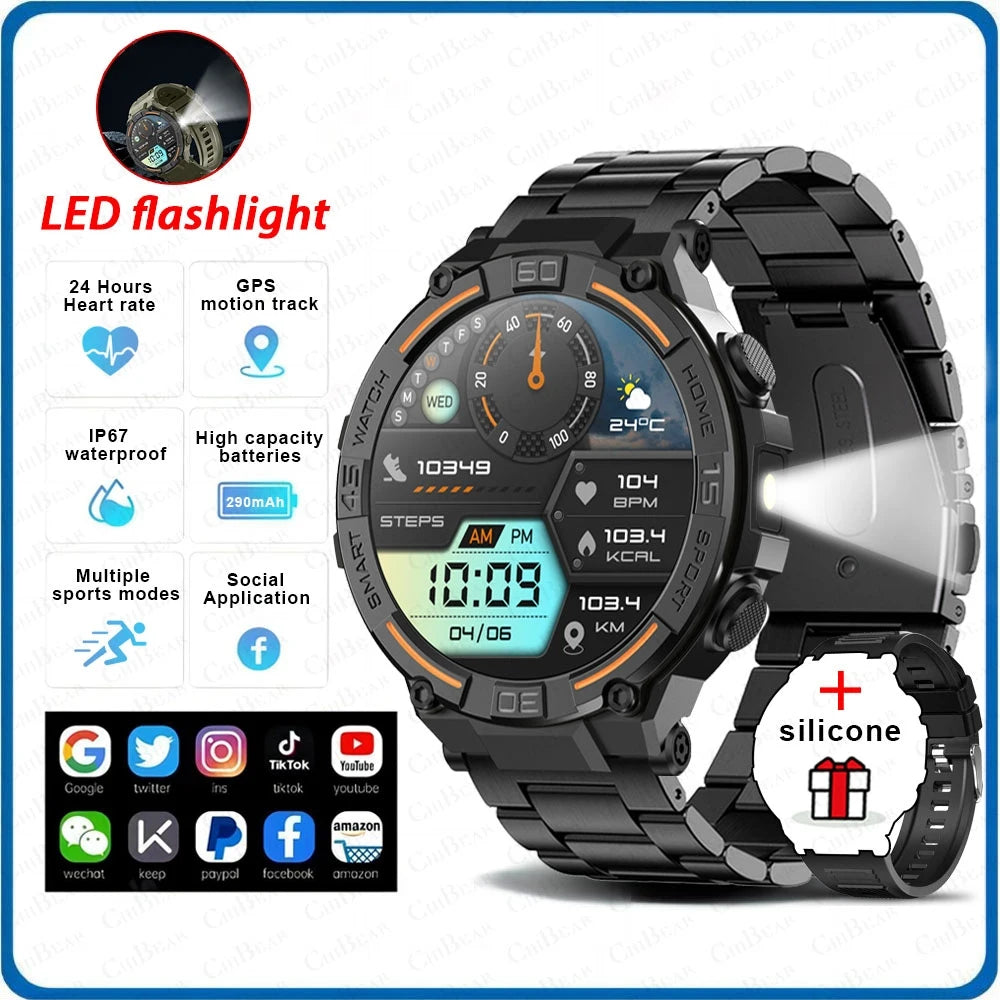 Outdoor Military Rugged Smartwatch Men GPS Sports Fitness Waterproof Watch Bluetooth Call with LED Lights Smart Watch