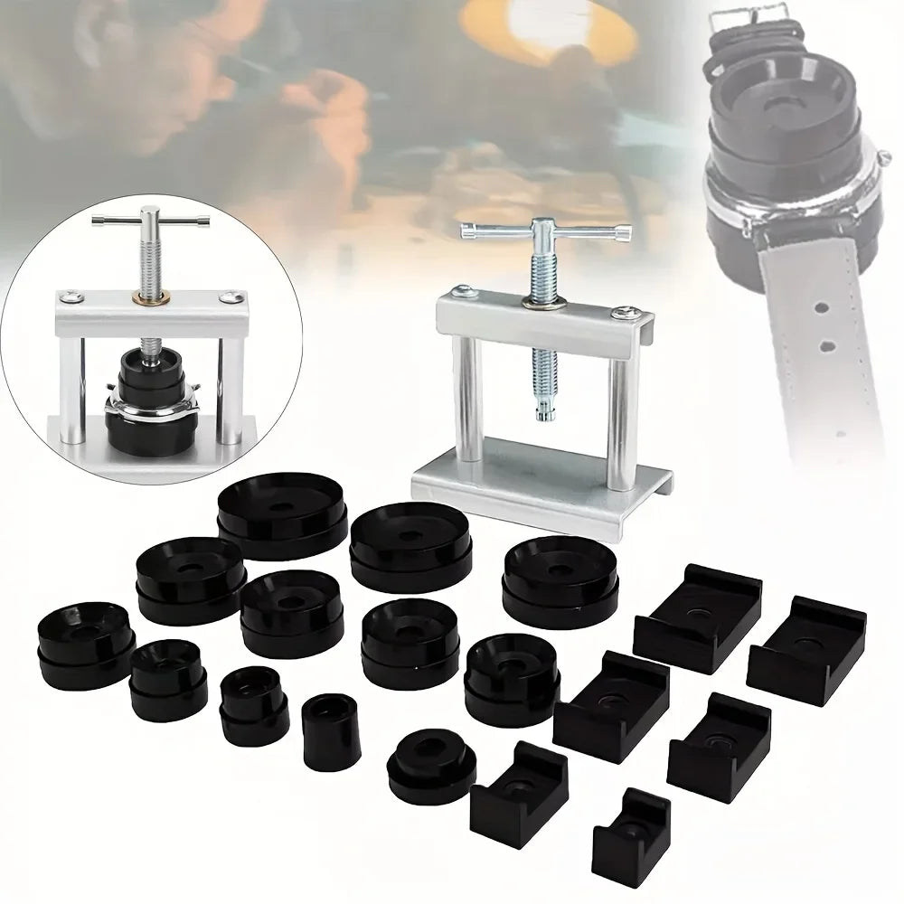 22pcs Watch Press Kit Watch Repair Tools with 18 Pressure Plates Ear Punch Dust Cloth Bent Knife Cover Presser Battery Tool