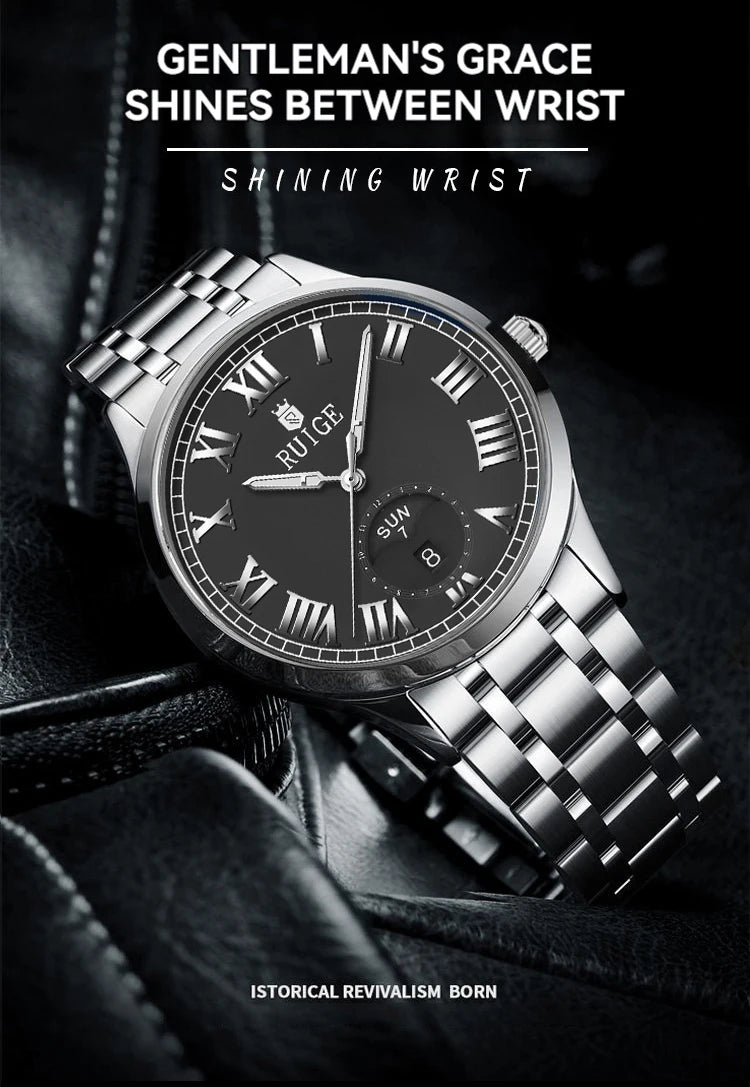 RUIGE hollowed out weekly calendar men's fully automatic mechanical watch stainless steel men's luminous waterproof watch
