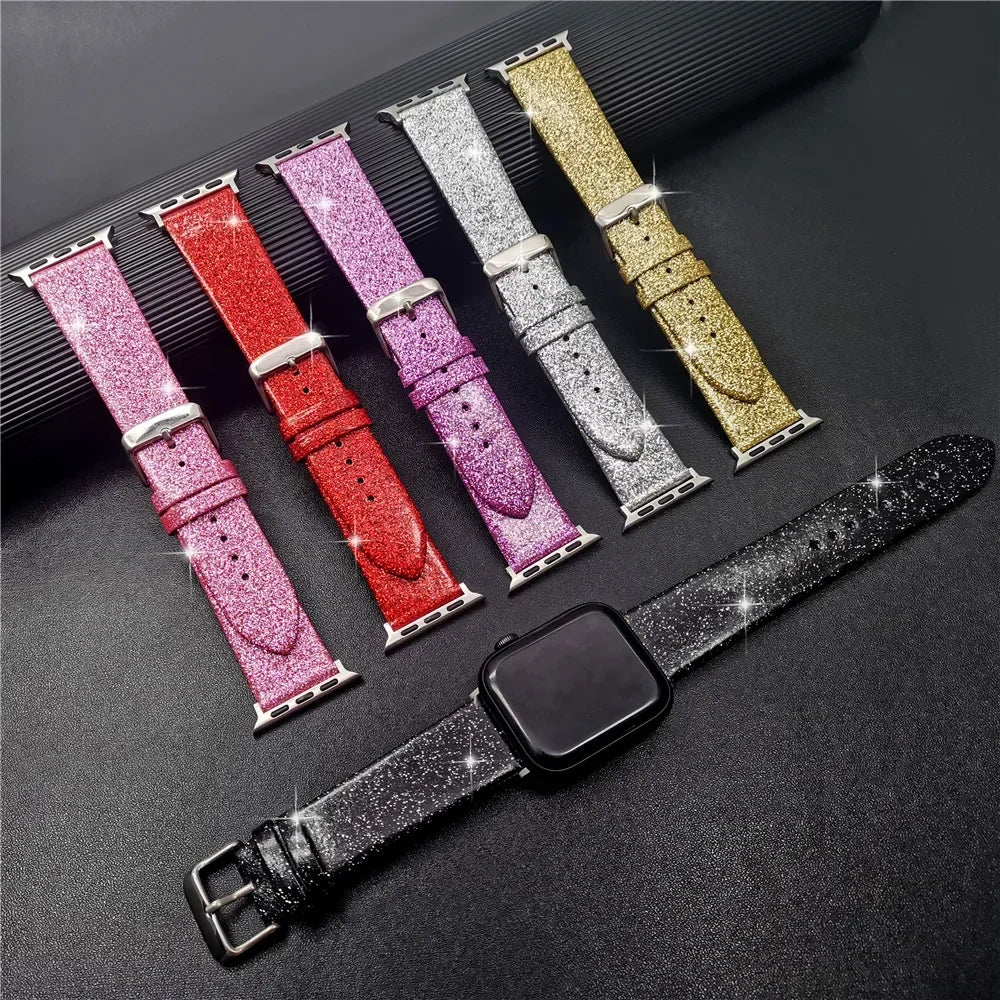 Glitter leather strap For Apple Watch Bands 44mm 40mm Ultra 2 49mm 41mm 42-38-45mm Shiny bracelet iWatch Series 9 8 7 6 5 4 3 SE
