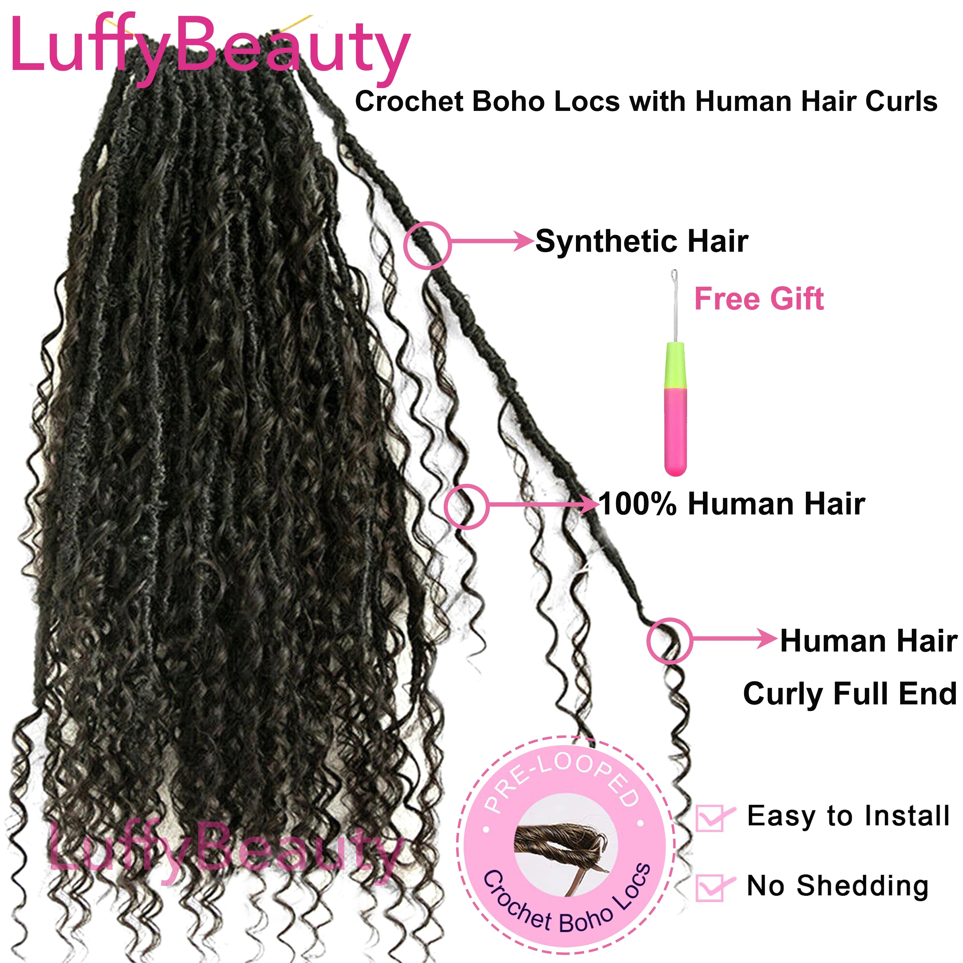 Pre-looped Crochet Boho Locs with Human Hair Curls Goddess Braids Curly Double Drawn Full End Hair Extensions for Black Women