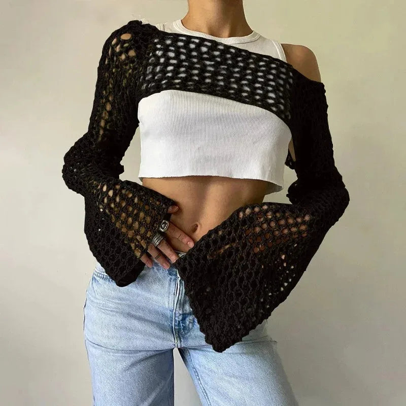 JOEVILU Cropped Knit Top Oversized Slimming Mesh Sunscreen Cover-Up Women's Thin Long Sleeve Breathable Sun Protection Blouses