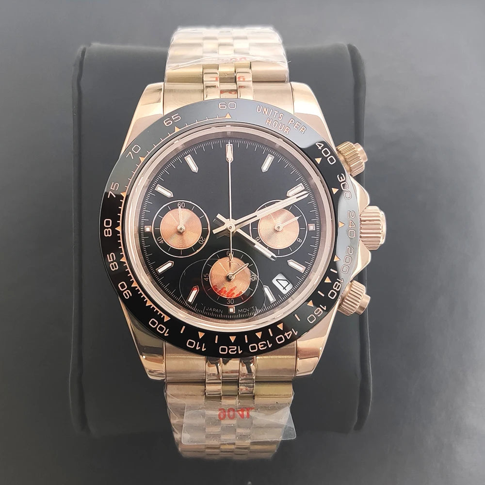 Luxury 39mm Rose gold Quartz Watch Men's Timing Sapphire Crystal VK63 Movement Calendar Luminous Blue Dial Stainless Steel Stra