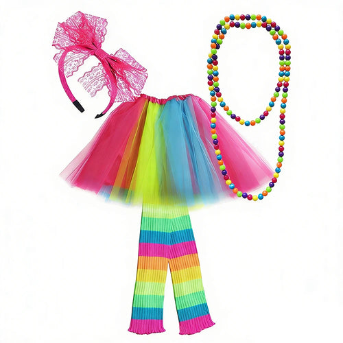 1980S Glittering Apparel Rainbow-Themed Accessories 70S Rainbow Ballet Skirt Headpieces Gloves Necklaces Carnival Halloween Sets