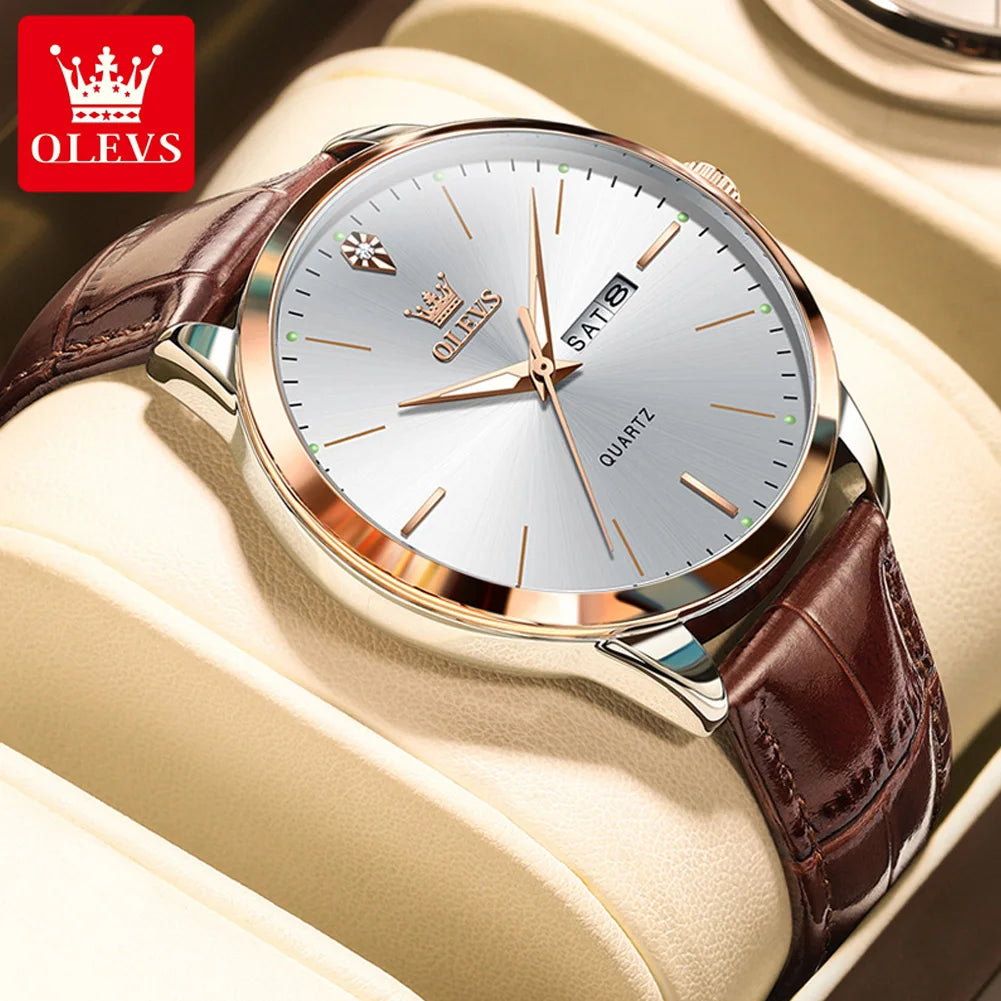 OLEVS 2935 Original Business Men Watch Leather Strap Trend Week Calendar Quartz Watch Luminous Waterproof 43mm Dial wristwatch
