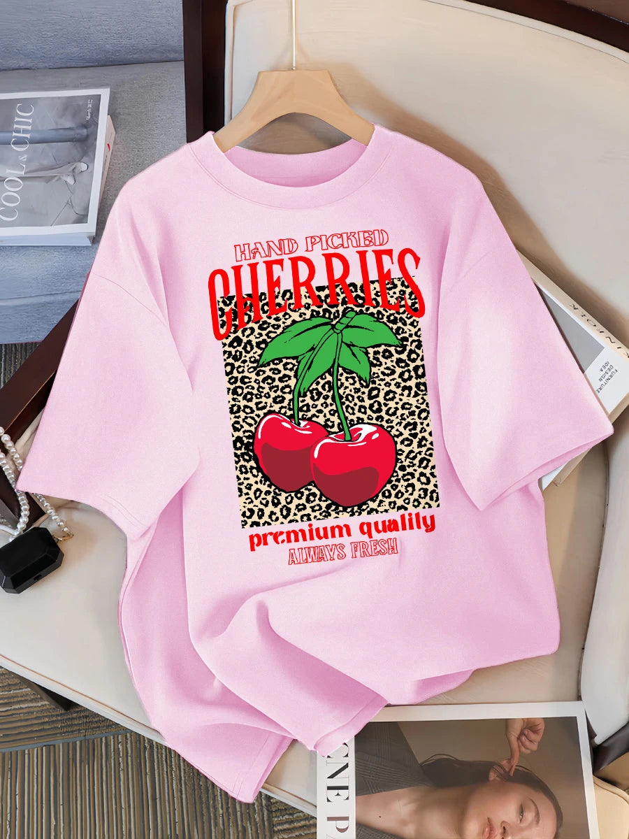 Hand Picked Cherries Always Fresh Printing T-Shirt Women Cotton Crewneck T Shirts Summer Loose Clothes Multicolor Short Sleeve