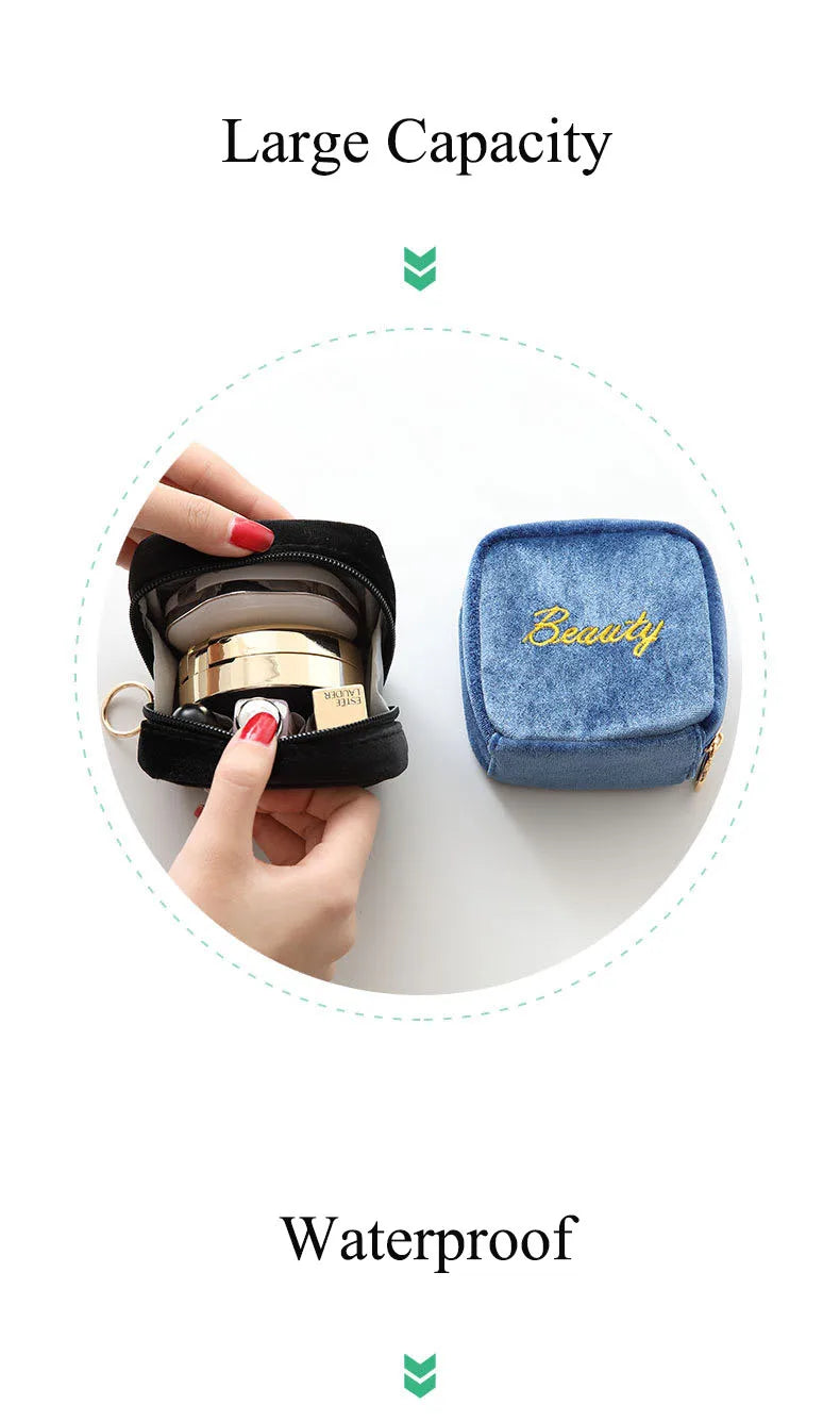 Velvet Embroidery Cosmetic Bag Sanitary Pad Pouches Portable Durable Makeup Lipstick Data Cables Organizer Toiletry Beauty Case