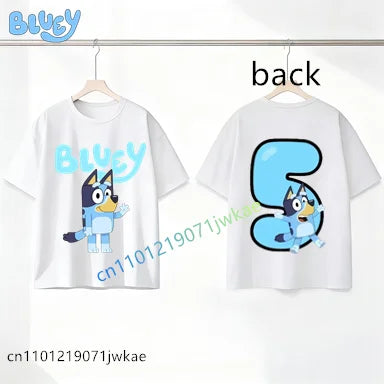 Bluey Birthday Number T-shirt 1-9 Y Kids Front Back Print Cute Cartoon Short Sleeve Boys Girls Summer Tops Birthday Party Gifts
