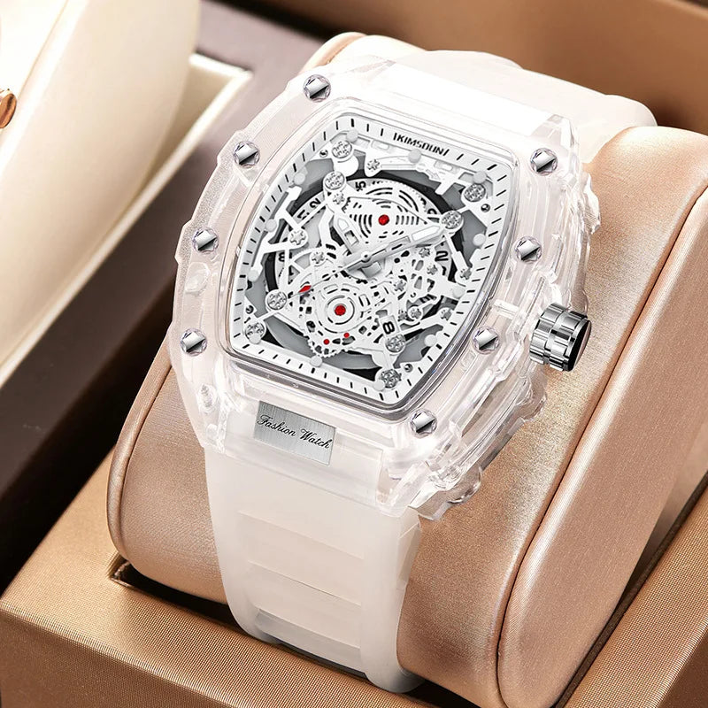 Fashionable Casual Men's Watch Luminous Calendar Function Silicone Strap Tonneau Shaped Transparent Case Men Quartz Watch Reloj