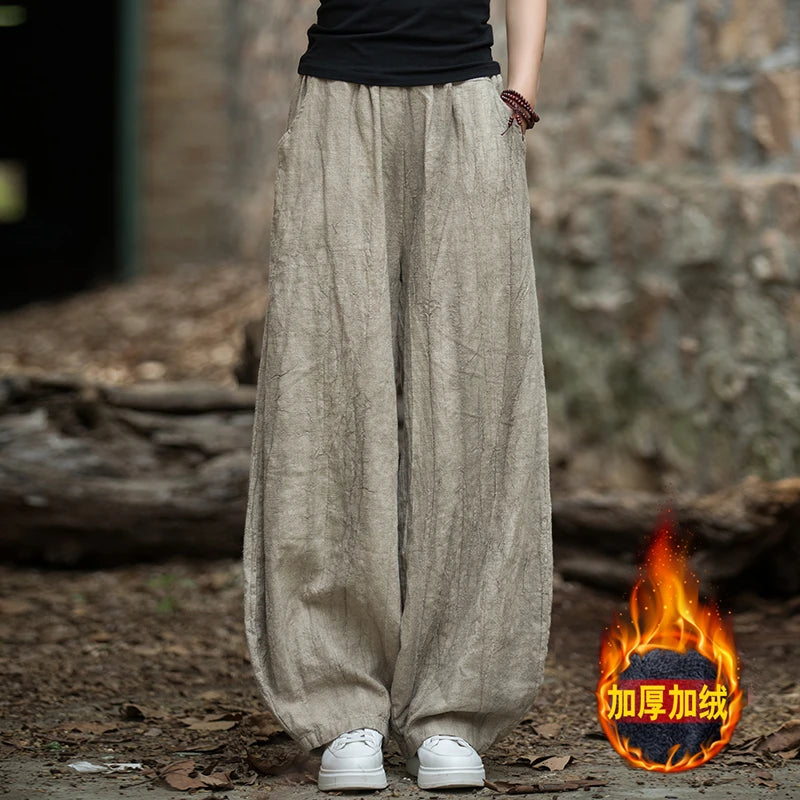 Elegant Women's Cotton Linen Baggy Cargo Pants Vintage Elastic Waist Yoga Trousers Loose Casual Long Wide Leg Oversize Clothes