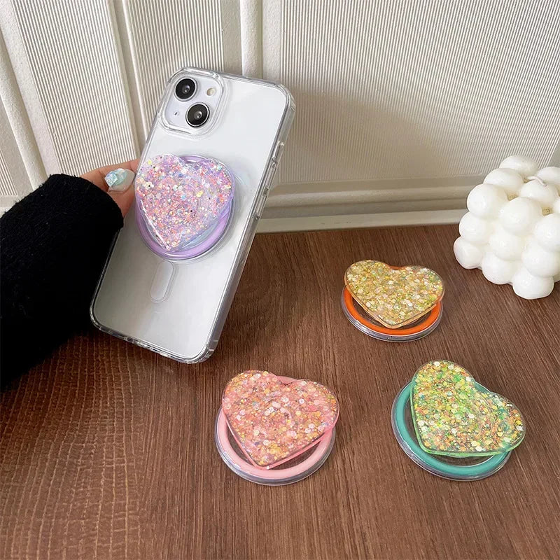 Stylish Glitter Sequins Love Heart Smart Tok For Magsafe Magnetic Phone Griptok Grip Tok Stand Universal Phone Smart Tok Holder