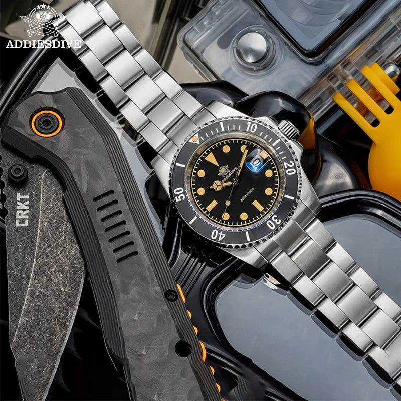 ADDIESDIVE AD2054 Stainless Steel Quartz Watch 200M Dive Watches Green Luminous Men's WristWatches Waterproof Relojes Masculino
