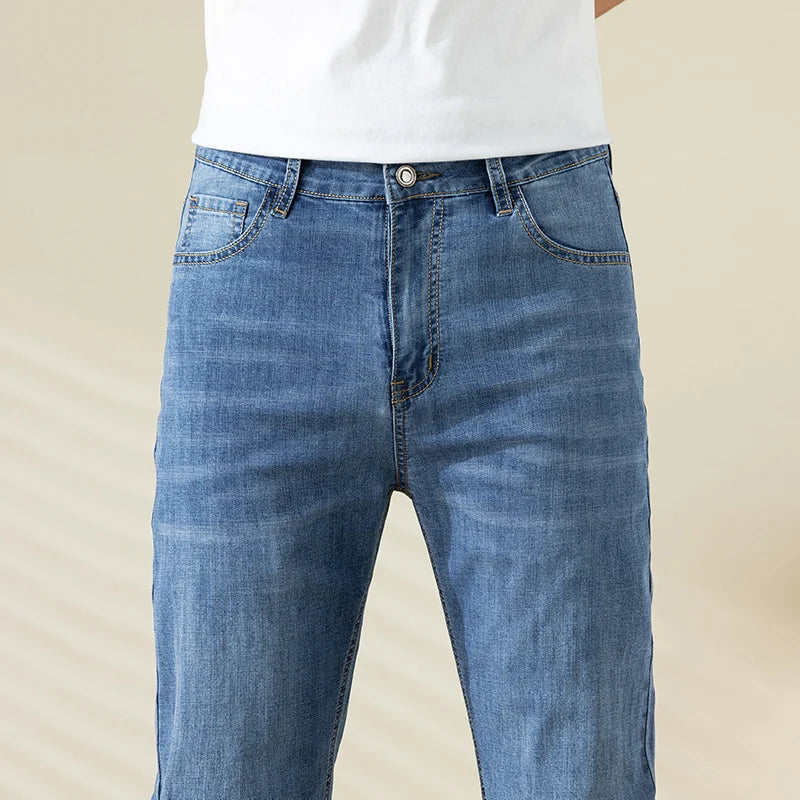 Summer Thin Mens Clothing Cowboys Slim Straight Jeans Men Denim Pants Casual Regular Fitness Men's Trousers Light Blue 2025