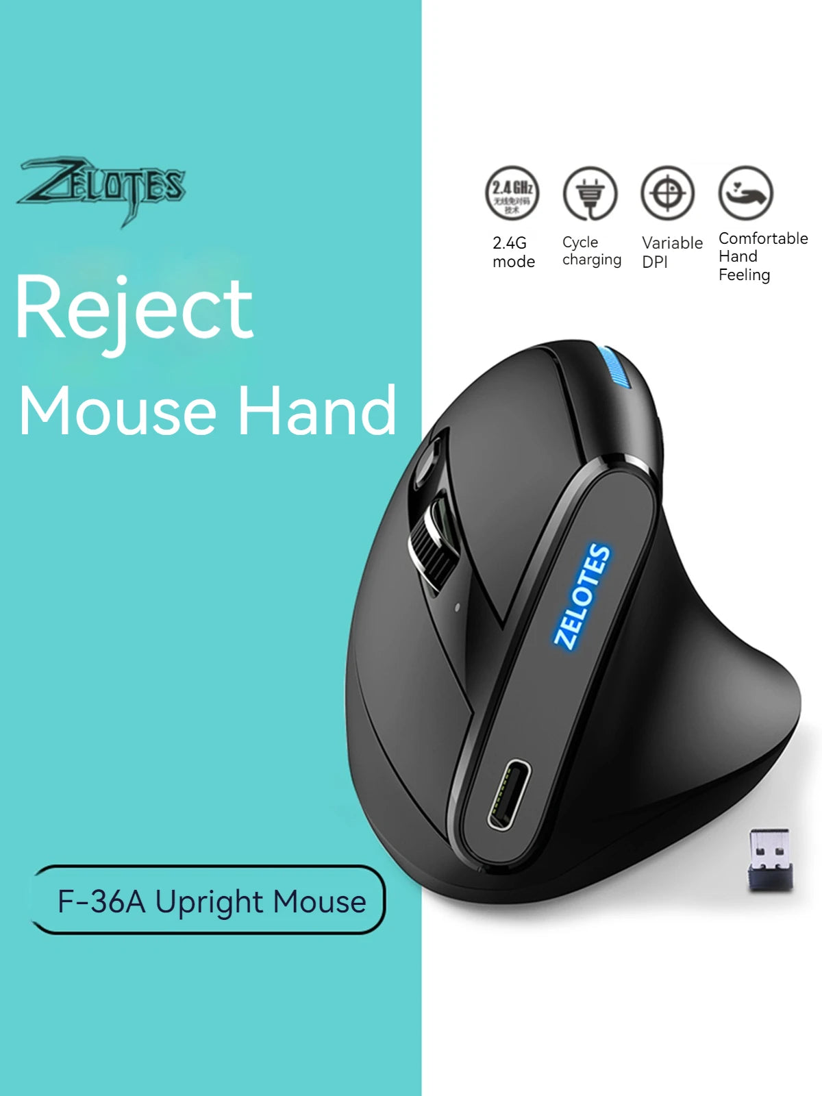 ZELOTES F36A Vertical Handheld Wireless Mouse 2.4G Wireless Rechargeable Laptop Mouse 6-button Optical mouse 3 level DPI mouse