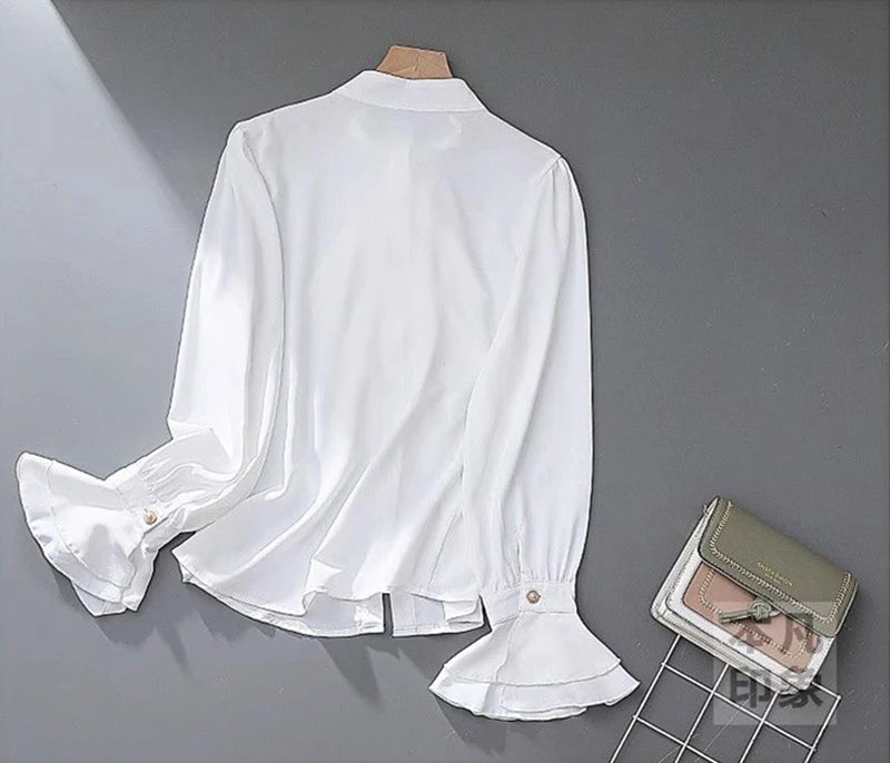 MEXZT Vintage White Shirts Women Elegant Ruffles Flare Long Sleeve Blouses Office Ladies Korean Single Breasted Design Chic Tops