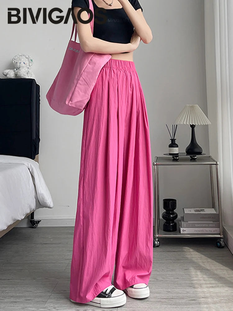 BIVIGAOS Lazy Style Loose Wide Leg Pants Women Summer Coloured Thin Casual Tide Straight Ice Silk Japanese Sunscreen Pants