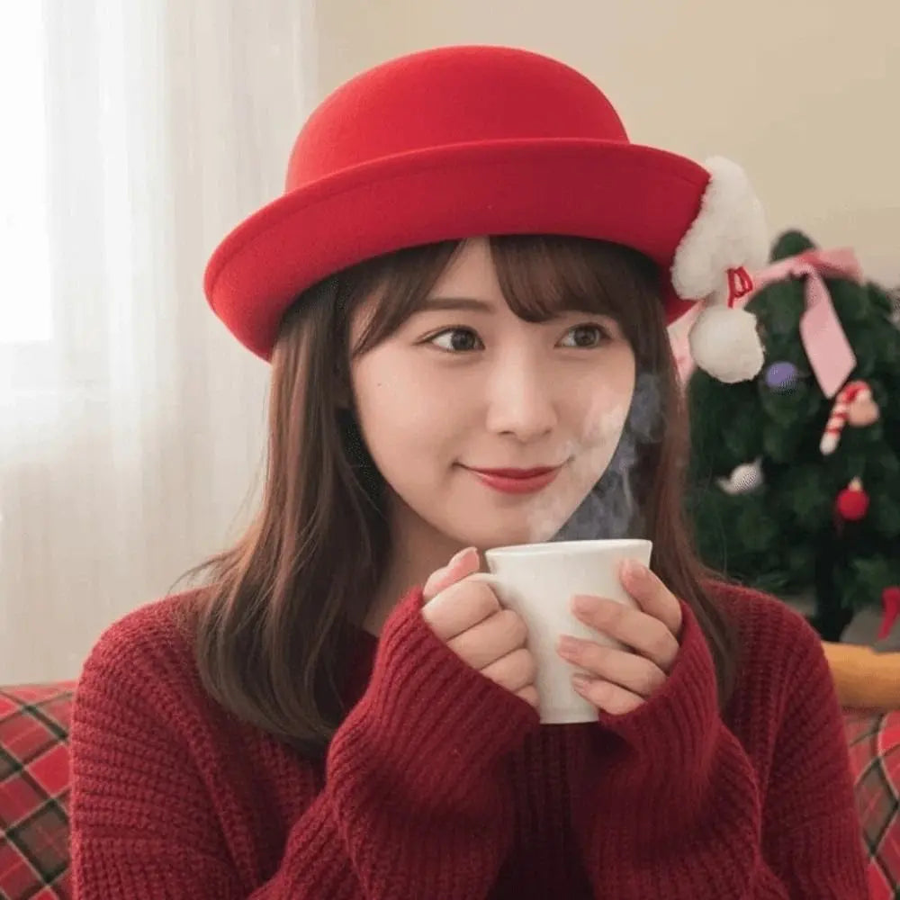 Top Hat Vintage Looking Red Bowler Hats Beret Japanese Style Woolen Bucket Cap Versatile Bow Girls Dome Hat Performances