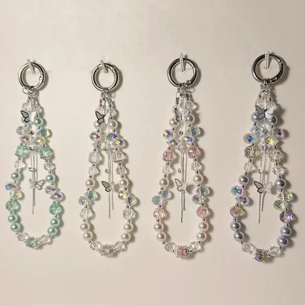 Luxury Sparkle Butterfly Rhinestone Bead Phone Bracelet Strap Charm Chain Knot Cellphone Lanyard Keychain Bag Camera Keychain Pe