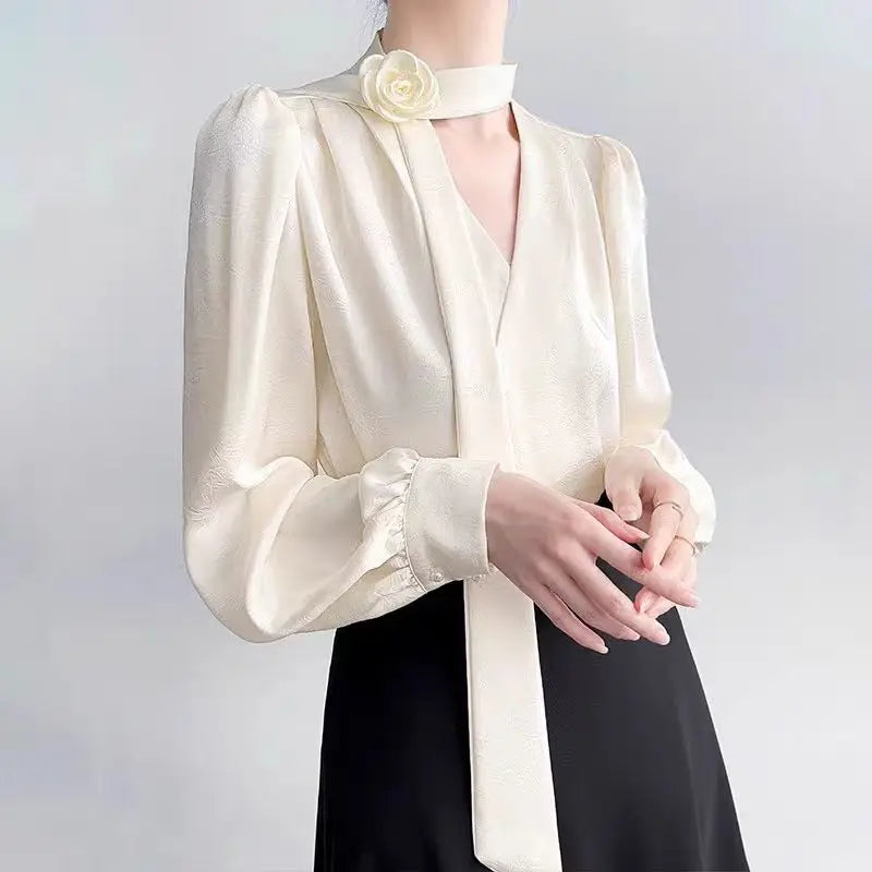 2025 New Ladies' Clothes French Elegance Rose Bow Long-Sleeve Blouse Women’s Chic Spring/Autumn Top Satin High Quality Clothing