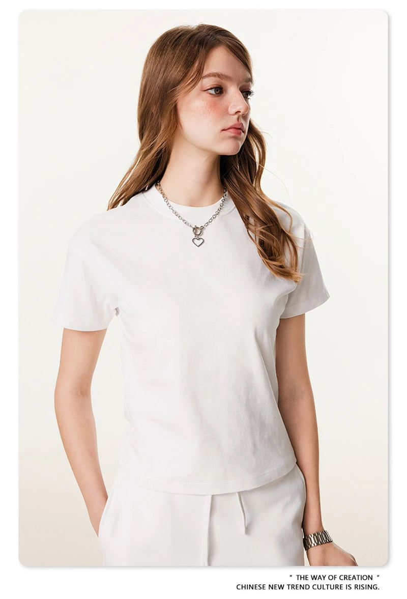 ZODF Women 2025 Spring 305gsm Cotton T-Shirts American Retro Hotsweet Girl Solid Comfortable T Shirt Brand Tees HY0968