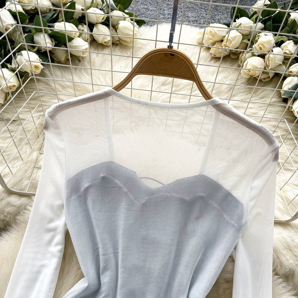 2025 New American Retro Patchwork Sexy Blouse Women Squre Neck Long Sleeves Sheer Top Streetwear Ins Lace Up Denim Shirt