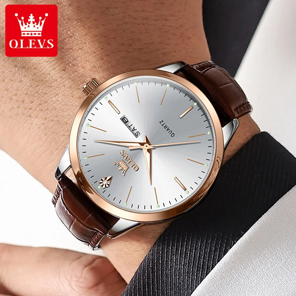 OLEVS 2935 Original Business Men Watch Leather Strap Trend Week Calendar Quartz Watch Luminous Waterproof 43mm Dial wristwatch