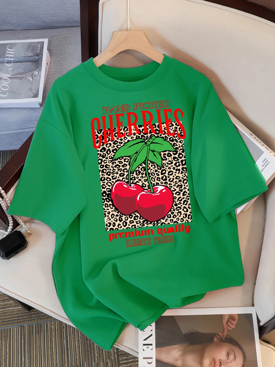 Hand Picked Cherries Always Fresh Printing T-Shirt Women Cotton Crewneck T Shirts Summer Loose Clothes Multicolor Short Sleeve