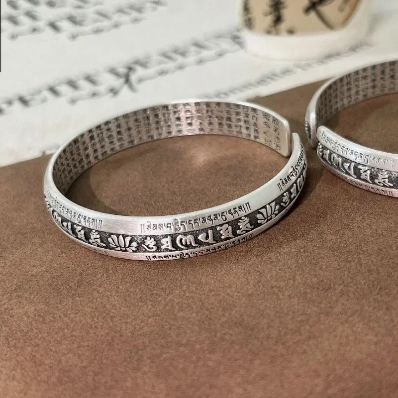 925 Silver Carved Prajnaparamita Heart Sutra Lotus Flower Bracelet Six Character True Words Wide Vintage Bangles Jewelry