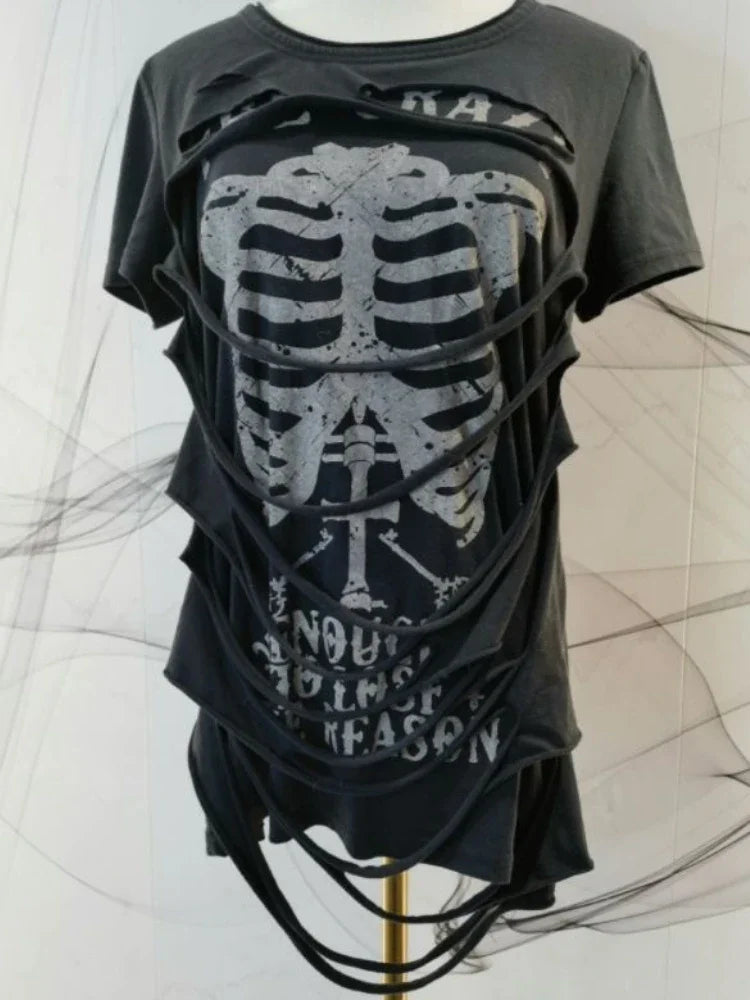 American Vintage Fake Two Pieces T-Shirt Women Streetwear Hip Hop Gothic Harajuku Grunge Y2k Crop Tops Black Skull Punk Tees