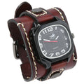 Men's Vintage Wide Cowhide Leather Hand-Stitched Quartz Watch - Retro Wrist Accessory