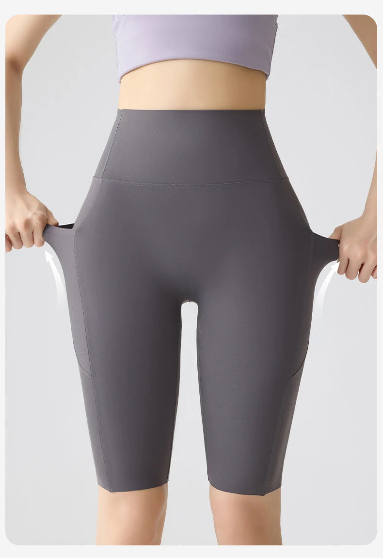 BIVIGAOS Summer Pocket Yoga Sharkskin Bicycle Shorts Women Thin High Waist Push Up Naked Feeling Sports  Fitness Cycling Shorts