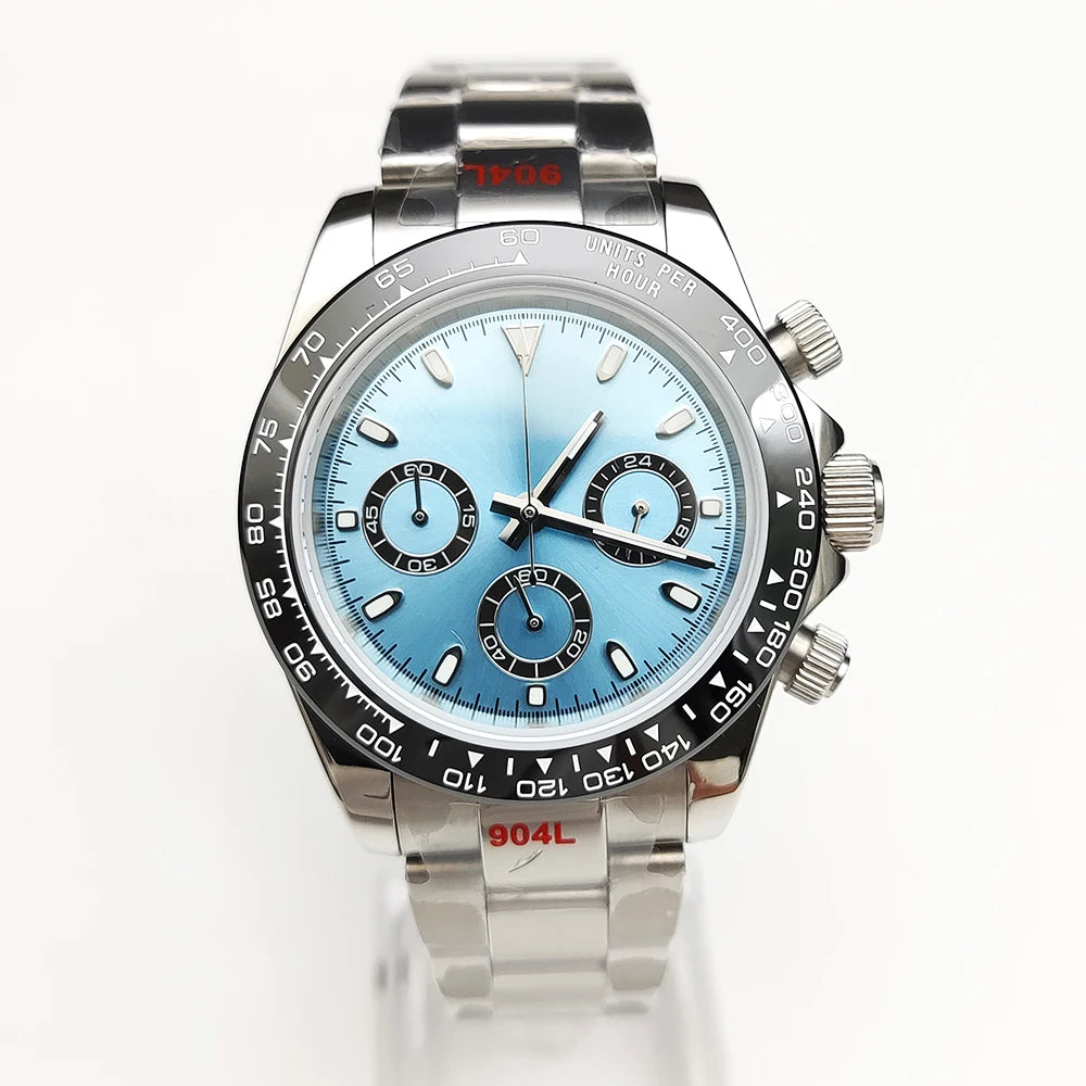 Luxury 39mm Rose gold Quartz Watch Men's Timing Sapphire Crystal VK63 Movement Calendar Luminous Blue Dial Stainless Steel Stra