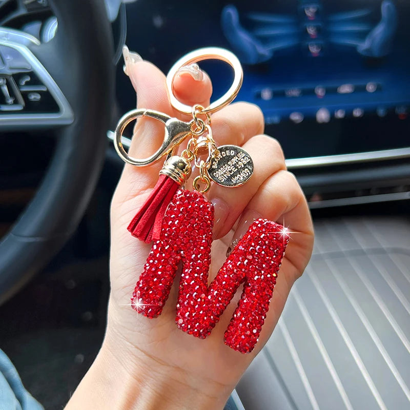 Red English letter car keychain, delicate with diamond bag, pendant, fashionable tassel key chain accessory