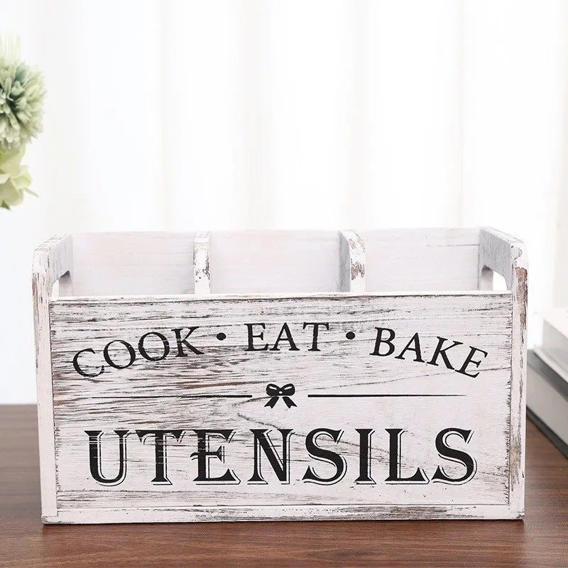 Kitchen Utensil Rack with Three Compartments Rustic Wooden Storage Box Vintage Tableware Farmhouse Dish Cabinet Forks Spoo