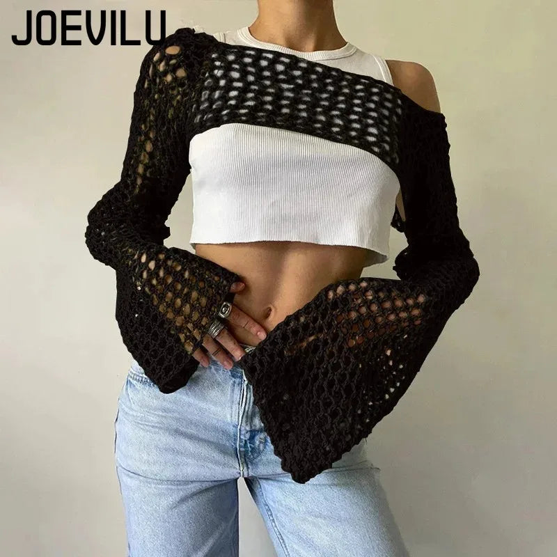 JOEVILU Cropped Knit Top Oversized Slimming Mesh Sunscreen Cover-Up Women's Thin Long Sleeve Breathable Sun Protection Blouses
