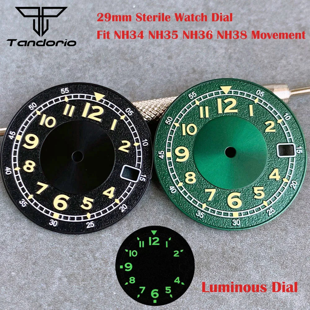 Tandorio 29mm Black/Green Arabic Numer Green Luminous Sterile Date Watch Dial fit NH34 NH35 NH36 NH38 Movement Watch Repair Tool