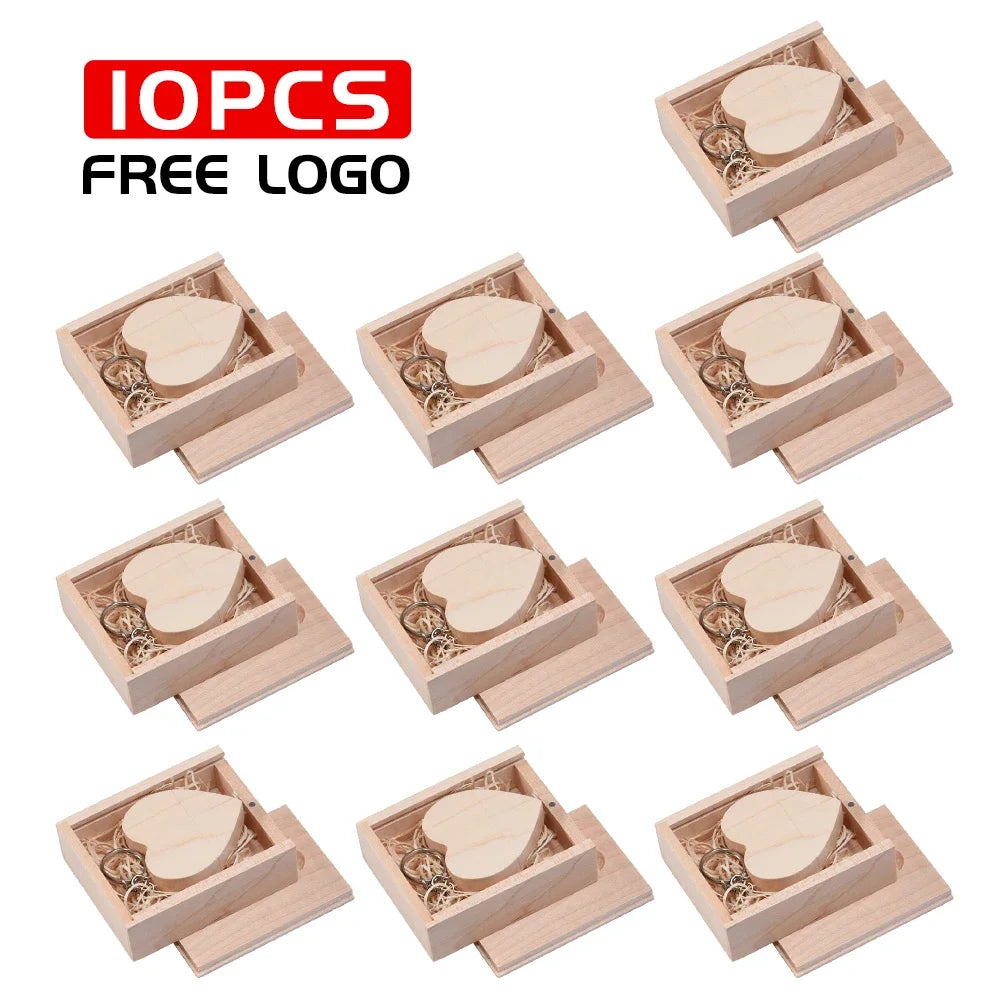 JASTER 10PCS/LOT Wooden Heart USB 2.0 Flash Drives 128GB  Free custom logo key chain Pen drive 64GB 32GB Business gift USB stick