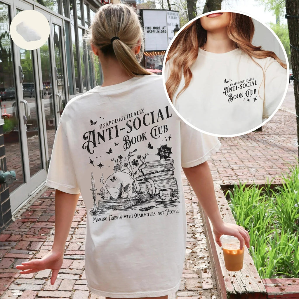 Vintage Anti-social Book Club 2 Sided Comfort T-Shirt for Introverted Romance Reader Distressed Tee Trendy Casual Streetwear