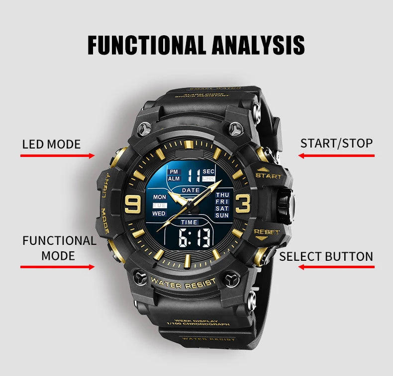 Men's and women's sports watches, tactical hands, large dial, waterproof watch, illuminated timer, alarm clock