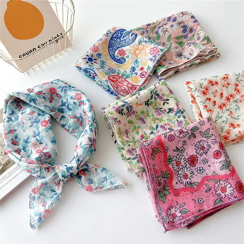 Sunscreen Head Scarf Cotton Linen Square Scarf Women Floral Peach Neck Scarf Fashion Decorative Neckerchief Hairband 58*58cm