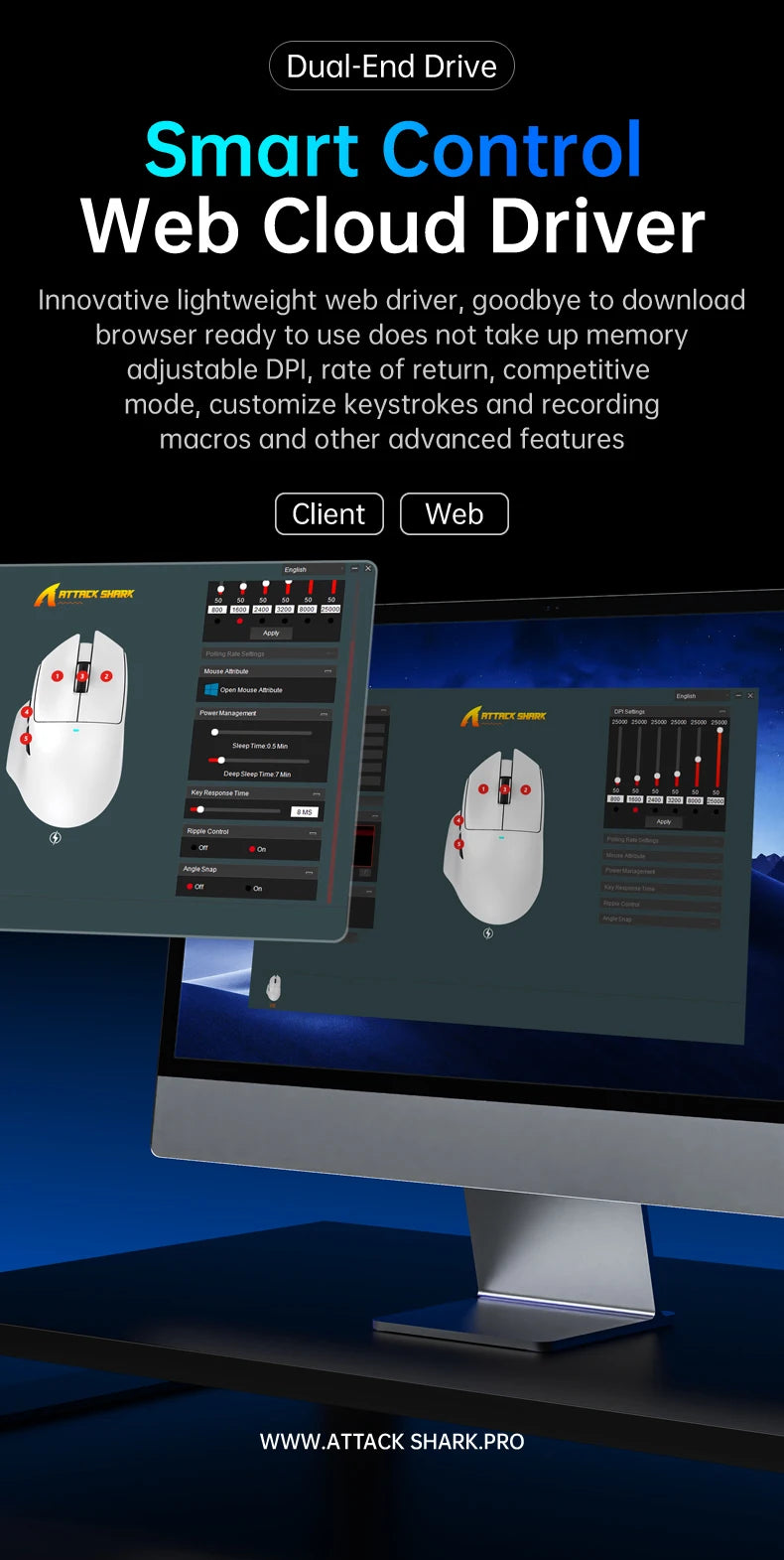 V6 ATTACK SHARK 25000DPI Wireless Mouse,Bluetooth Tri-Mode Connection,Touch Magnetic Charging Base , Macro Gaming Mouse