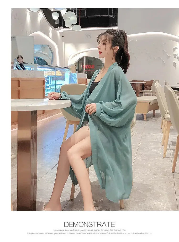 Long Shirts Women Summer Girls Sunscreen Clothing Seethrough Thin Loose Solid Simple Leisure All-match Korean Style Chiffon Tops