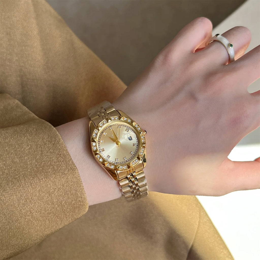 Women's Crystal Accented with Solid Alloy Steel Band Watch Elegant Dress Quartz Calendar Watches for Women