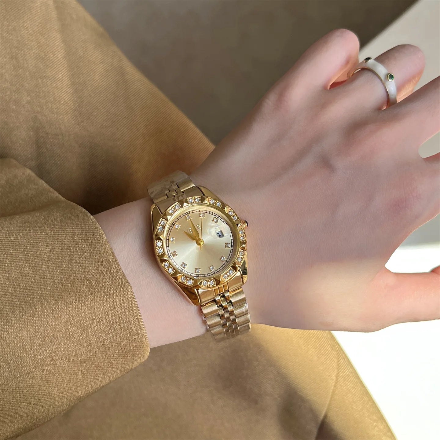 Women's Crystal Accented with Solid Alloy Steel Band Watch Elegant Dress Quartz Calendar Watches for Women